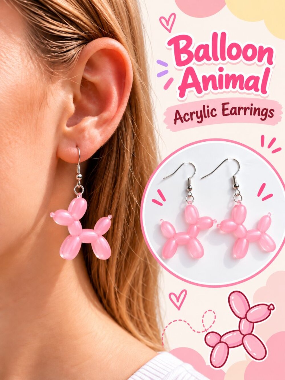 Colorful Balloon Animal Acrylic Earrings - Pink